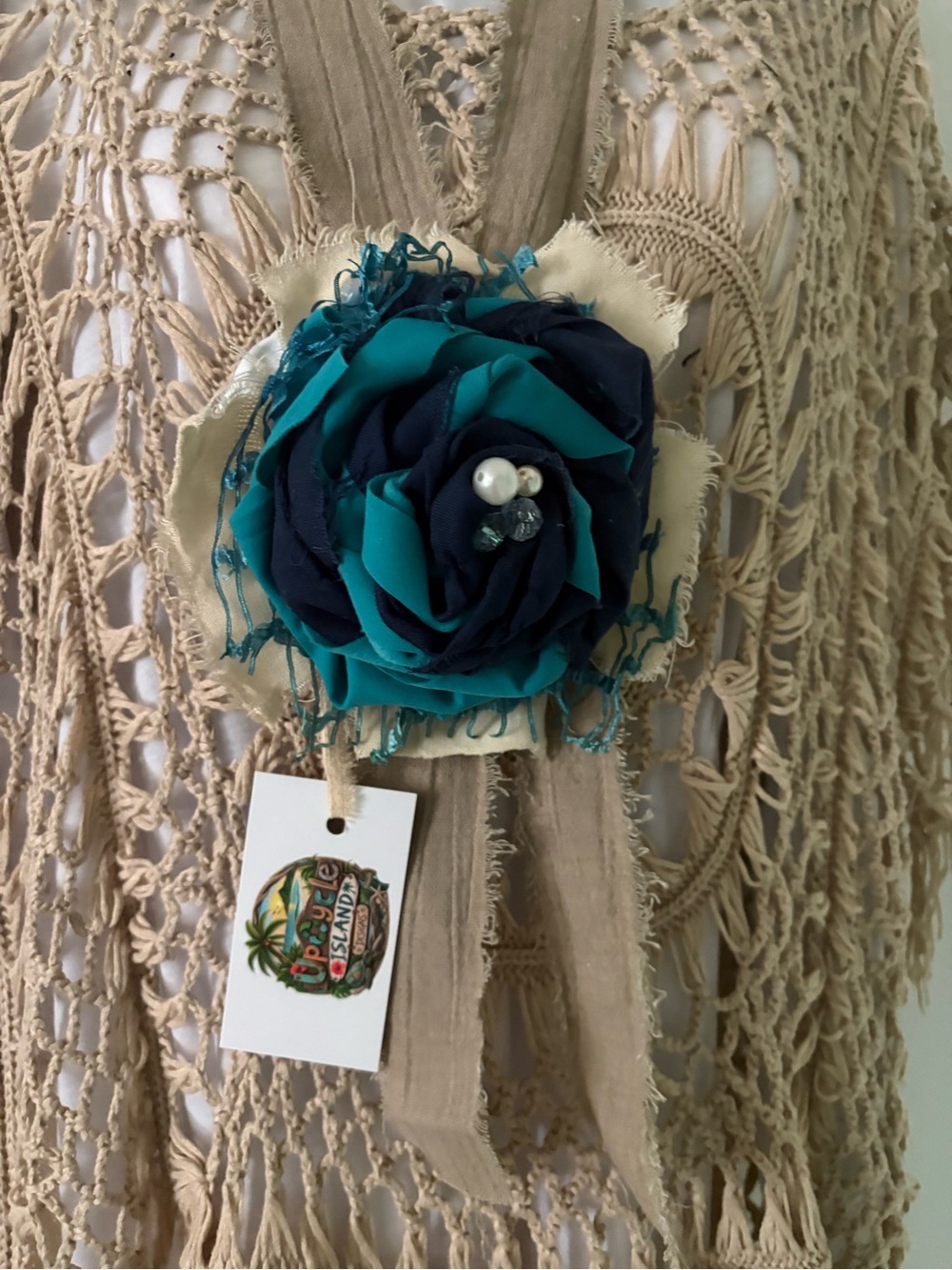 Teal and Navy Fabric Flower Jabot Brooch